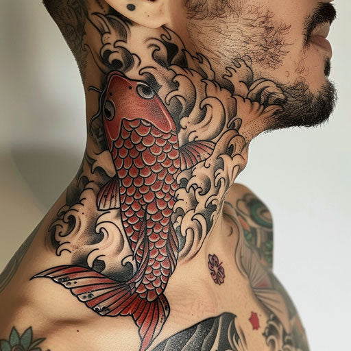 Side neck tattoos with a koi fish, in the style of Ami James