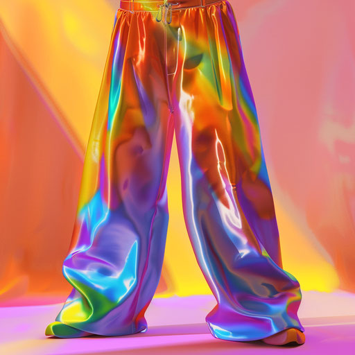 Illustration of pants in a photo-realistic style with a flat random color background, enhanced detail and vivid colors