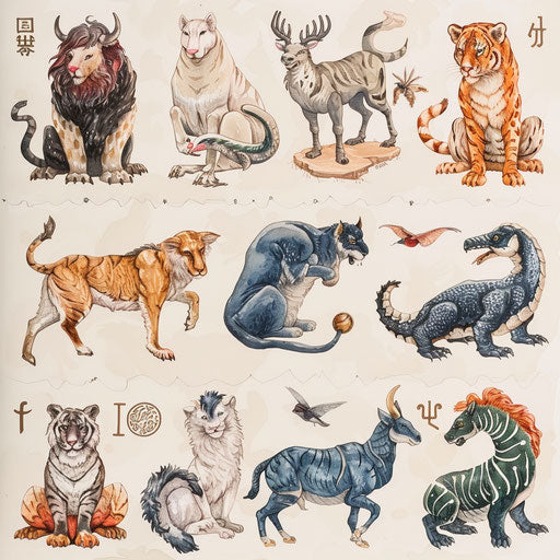 Chinese zodiac signs arranged artistically on white backdrop