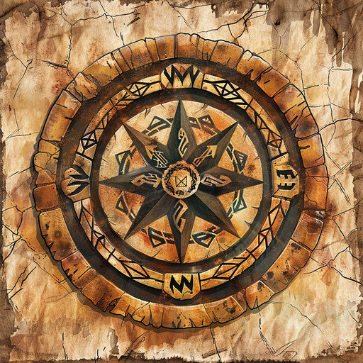 Rustic sketch of a Viking compass, flat clipart style with earth tones and textured shading