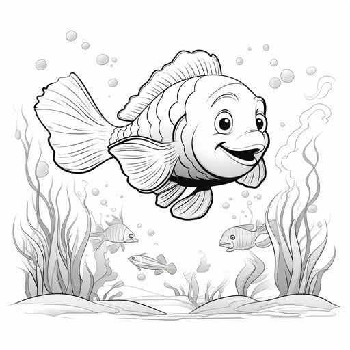 Fish in water coloring page, strong facial expression style