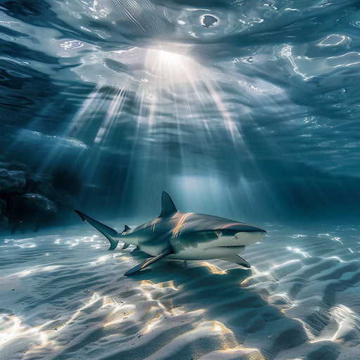 Bull shark in crystal-clear waters with sunbeams breaking through