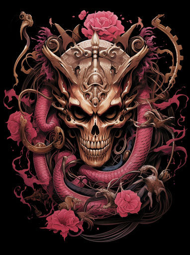 Japanese demon skull in cobra style, tattoo-inspired