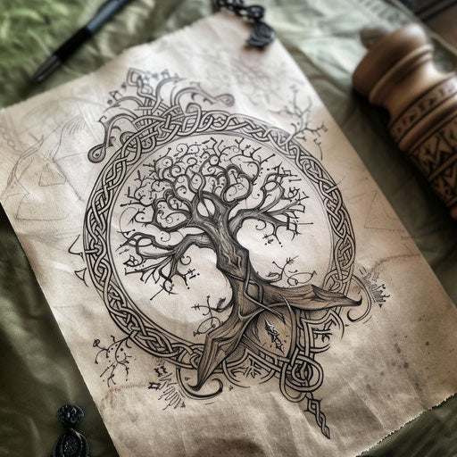 Nordic tree of life tattoo sketch with runes and Viking art