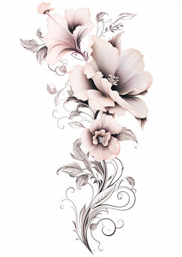 Detailed black flower tattoo design feather silver gray romantic