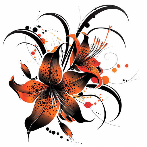 Japanese tiger lily tattoo in orange and black, flat graphic on white background
