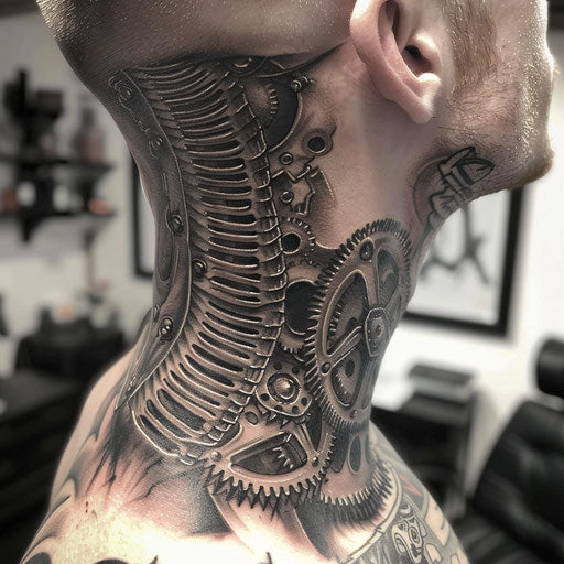 Men's neck tattoo with intricate mechanical gears