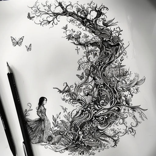 Dreamy lace tattoo sketch with fairytale creatures and enchanted forests