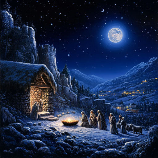 Traditional nativity scene with shepherds arriving by moonlight