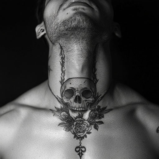 Neck tattoos for men featuring gothic skull and roses
