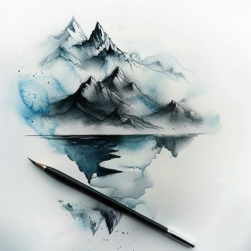 Artistic sketch of misty mountains with watercolor effect