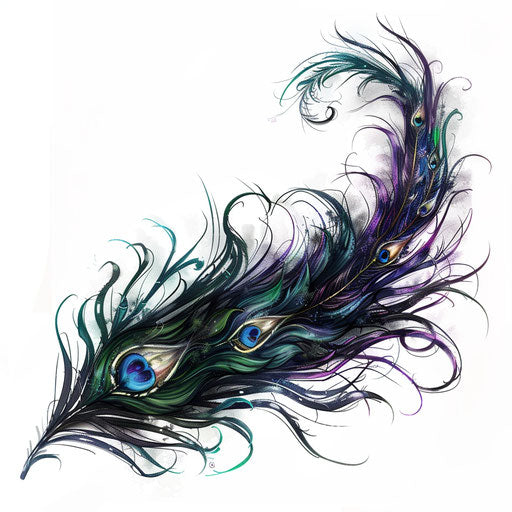 Peacock feather tattoo in jewel tones on white backdrop