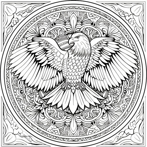 Mandala with eagle in center and intricate patterns. Coloring page