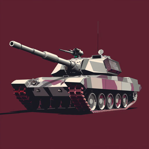Flat deep maroon background with realistic tank clipart, dynamic shadows and bright highlights