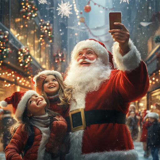Santa taking a selfie with joyful children at a bustling city mall, festive decorations all around