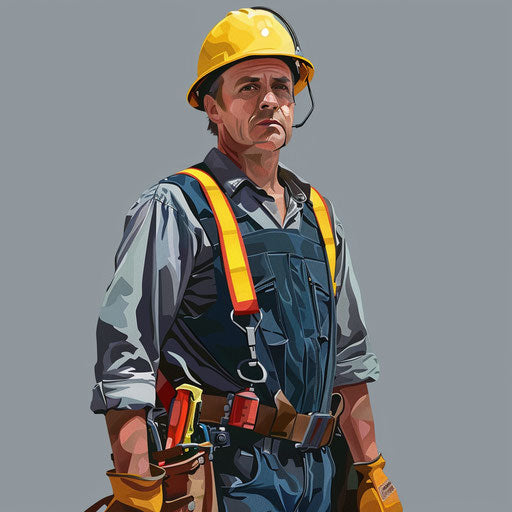 Realistic construction worker on flat slate grey background