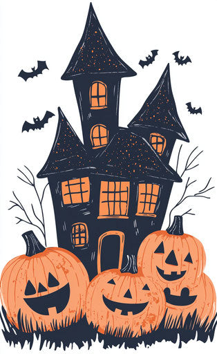 Haunted house with pumpkins, spooky design for Halloween-themed wall art.