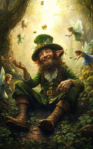 The leprechaun and fairies in the enchanted forest