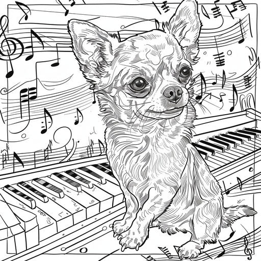 Joyful Chihuahua playing piano surrounded by musical notes