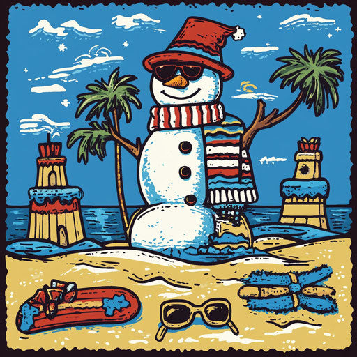 Beach-themed ugly sweater with sandcastles and surfboards
