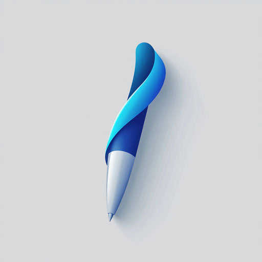 Creative illustrative logo with stylized graphic pen and modern clean typography, in deep blue and white, on flat gray background