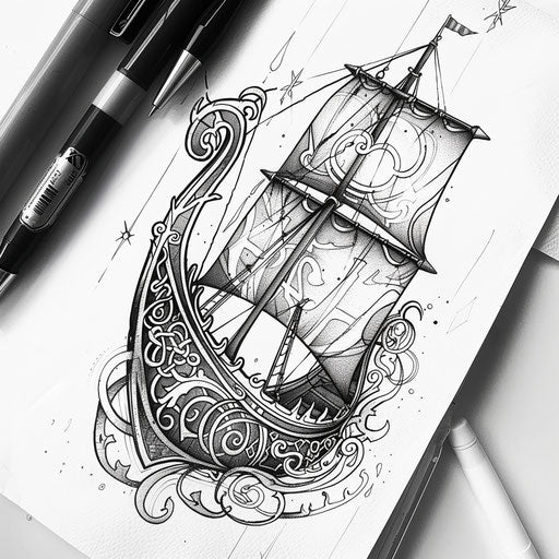 Artistic linework tattoo sketch of a Viking ship