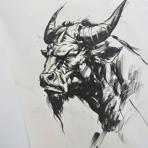 Bold tattoo sketch of the Minotaur from Greek mythology