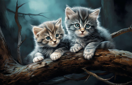 Two kittens sitting on a tree in a house