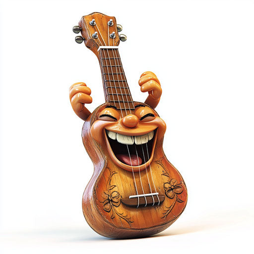 Humorous caricature of an ukulele caricature clipart with human characteristics, exaggerated chubby cheeks, big hands, floating in the air, vibrant colors, cartoon style, winking, high-resolution, no background, isolated