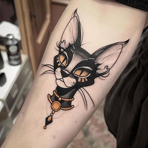 Charming flat tattoo sketch of a cartoon Bastet with playful oversized features
