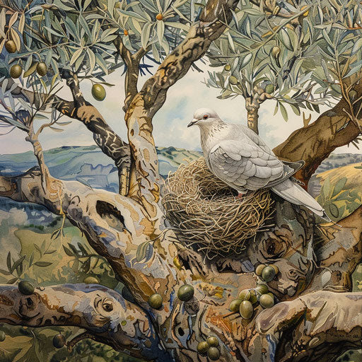 Natural scene with a peaceful dove nesting in an olive tree