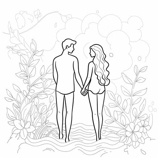 Adam and Eve holding hands in the garden. Coloring book page