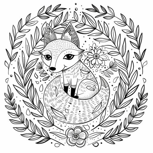 Whimsical fox surrounded by flowers and leaves. Coloring book page