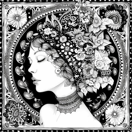 Black and white coloring page with muted tonalities, warmcore, sharp details, luminous color harmonies