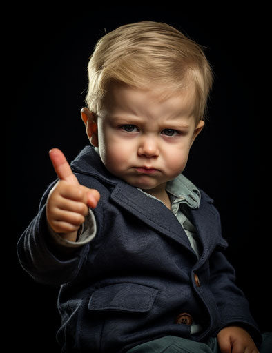 The boy sitting gives a funny look to the camera