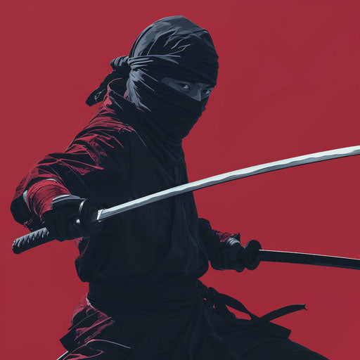 Realistic ninja on rich burgundy backdrop
