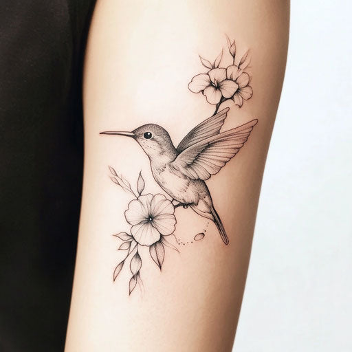 Upper arm tattoo sketch with hummingbird and flowers