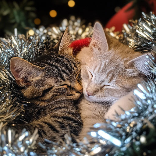 Two cats snuggled together in a Santa's sleigh decoration