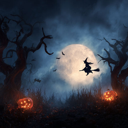 Full moon night with bats and glowing jack-o'-lanterns