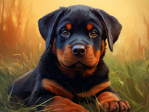 Rottweiler puppy lying in a field with orange collar