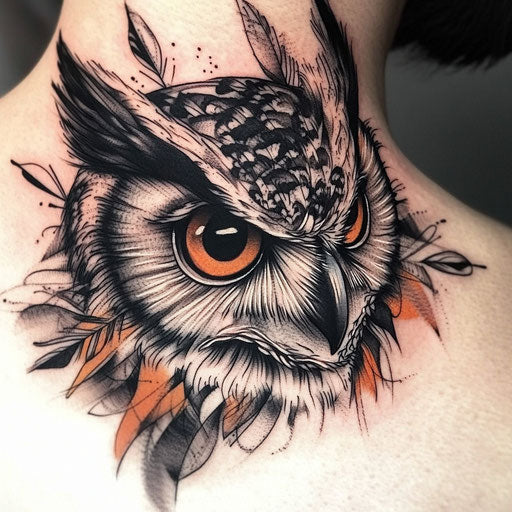 Owl neck tattoo: clipart flat sketch with bold lines