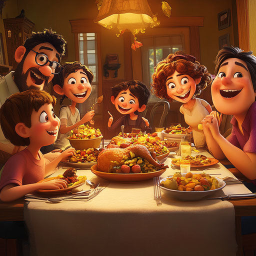 A cartoon family at the Thanksgiving dinner table
