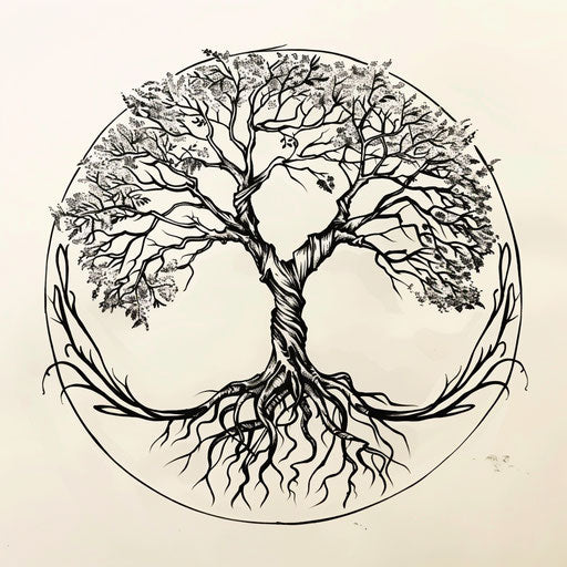 Tattoo sketch of a tree of life with intertwined roots and branches, clipart style, flat black ink