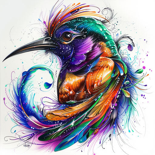 Sparkling tattoo sketch of a tropical bird with vibrant feathery