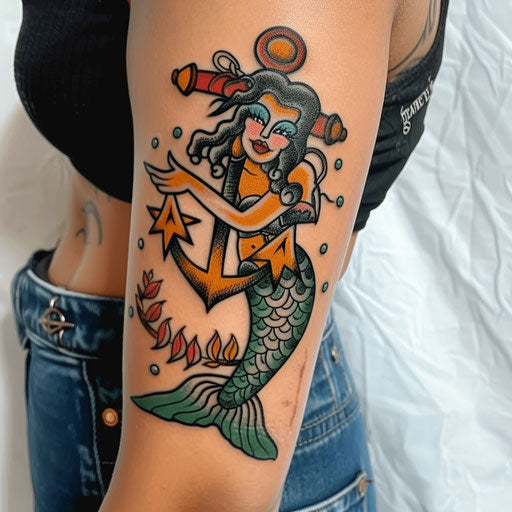 Arm tattoos for women in the style of Sailor Jerry showcasing an anchor and mermaid