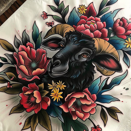 Neo-traditional black sheep and vibrant flowers tattoo design