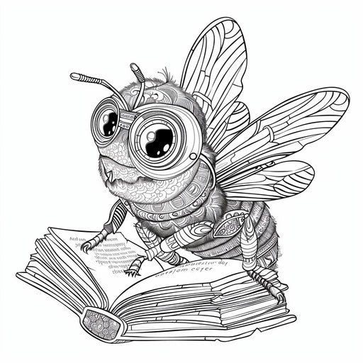Whimsical bee with glasses reading a book