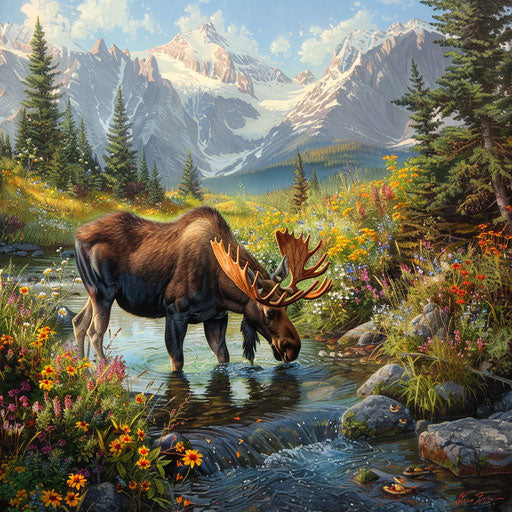 A moose drinking from a pristine mountain stream surrounded by wildflowers