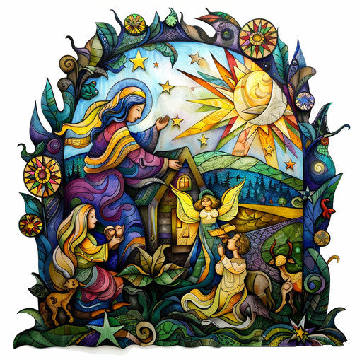Biblical Nativity scene as vibrant color tattoo