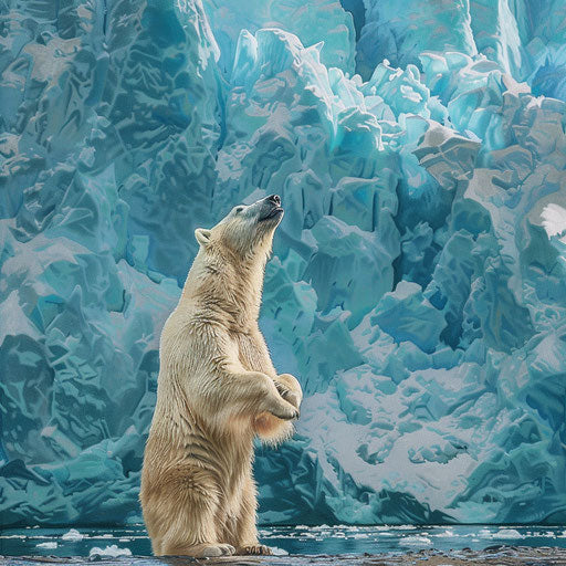 Polar bear standing on hind legs with stunning glacier